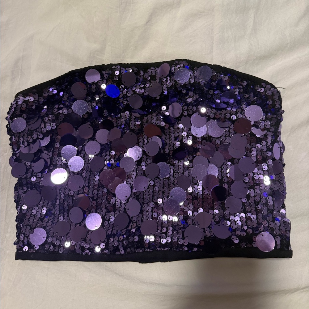 Purple Sequin Strapless Crop Top